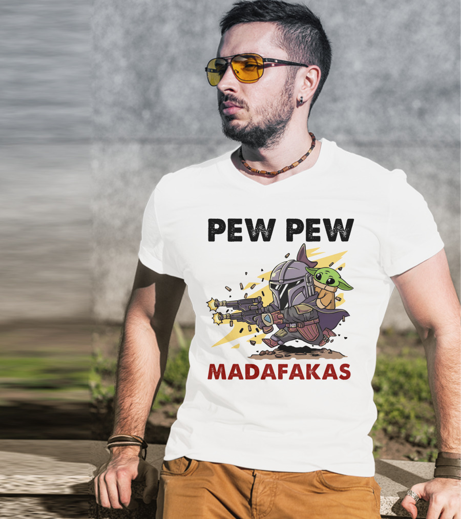Pew Pew Madafakas Mandalorian Baby Yoda Gun Firing Scene T-Shirt