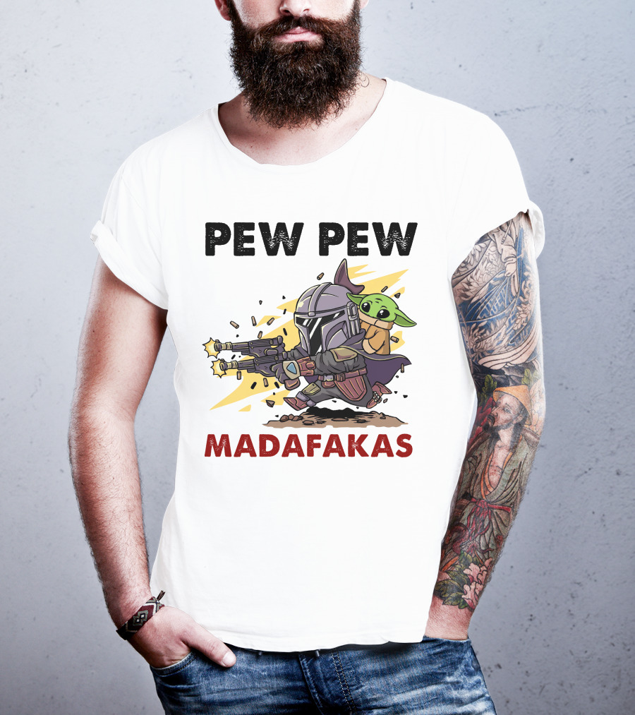 Pew Pew Madafakas Mandalorian Baby Yoda Gun Firing Scene T-Shirt