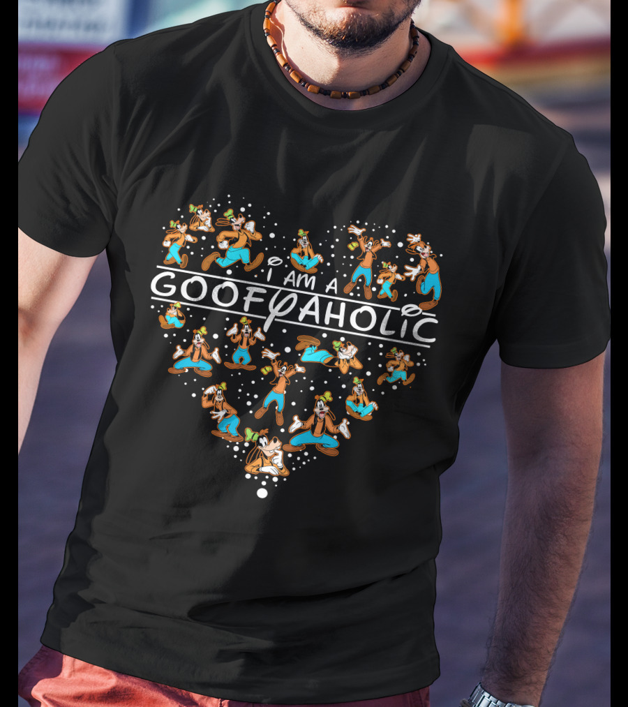 I Am A Goofyaholic Heart Pattern With Disney's Goofy Characters T-Shirt