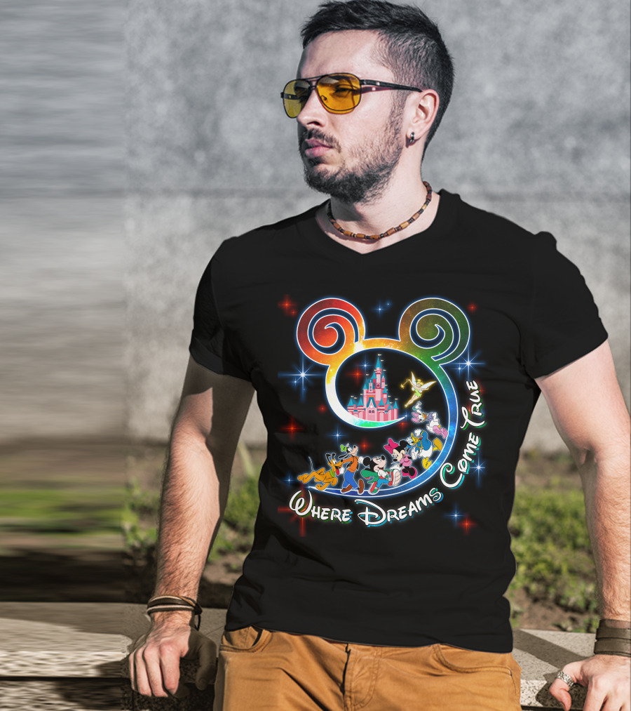 Where Dreams Come True Disney Castle Mickey Minnie Goofy Donald Pluto Tinkerbell T-Shirt