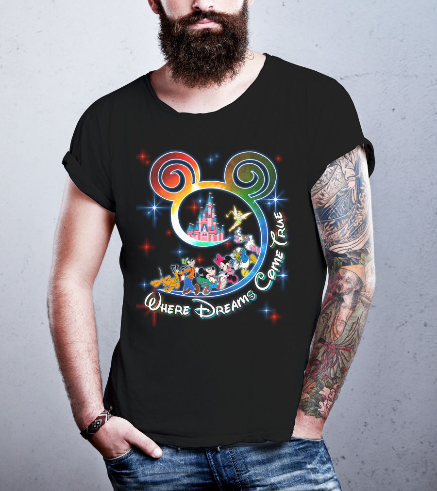 Where Dreams Come True Disney Castle Mickey Minnie Goofy Donald Pluto Tinkerbell T-Shirt
