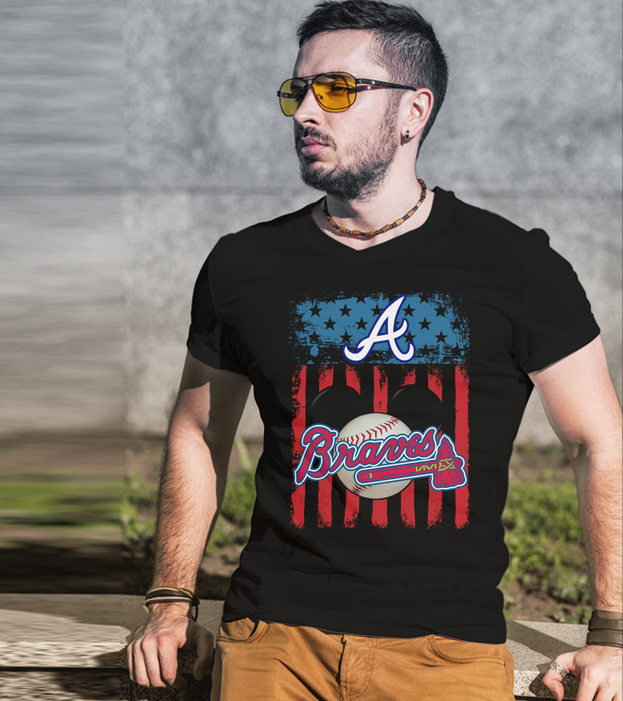 A Mickey Braves Iconic Baseball Stars And Stripes American Flag T-Shirt