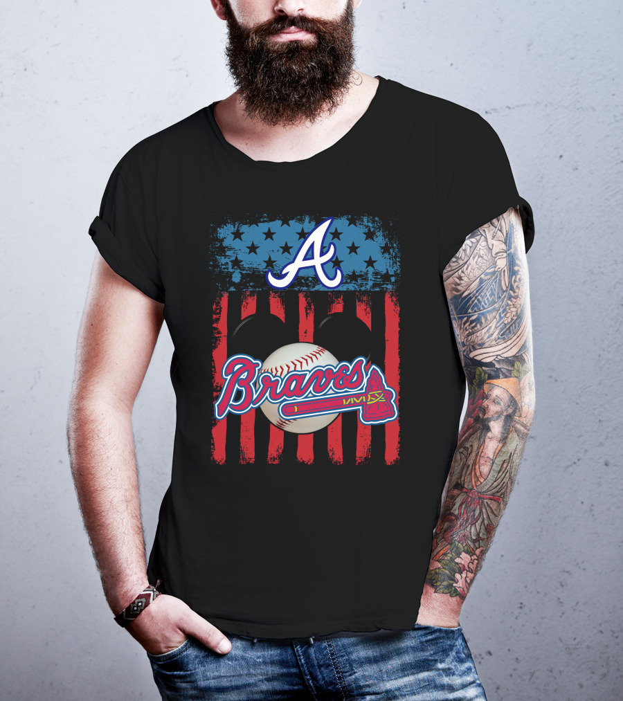 A Mickey Braves Iconic Baseball Stars And Stripes American Flag T-Shirt