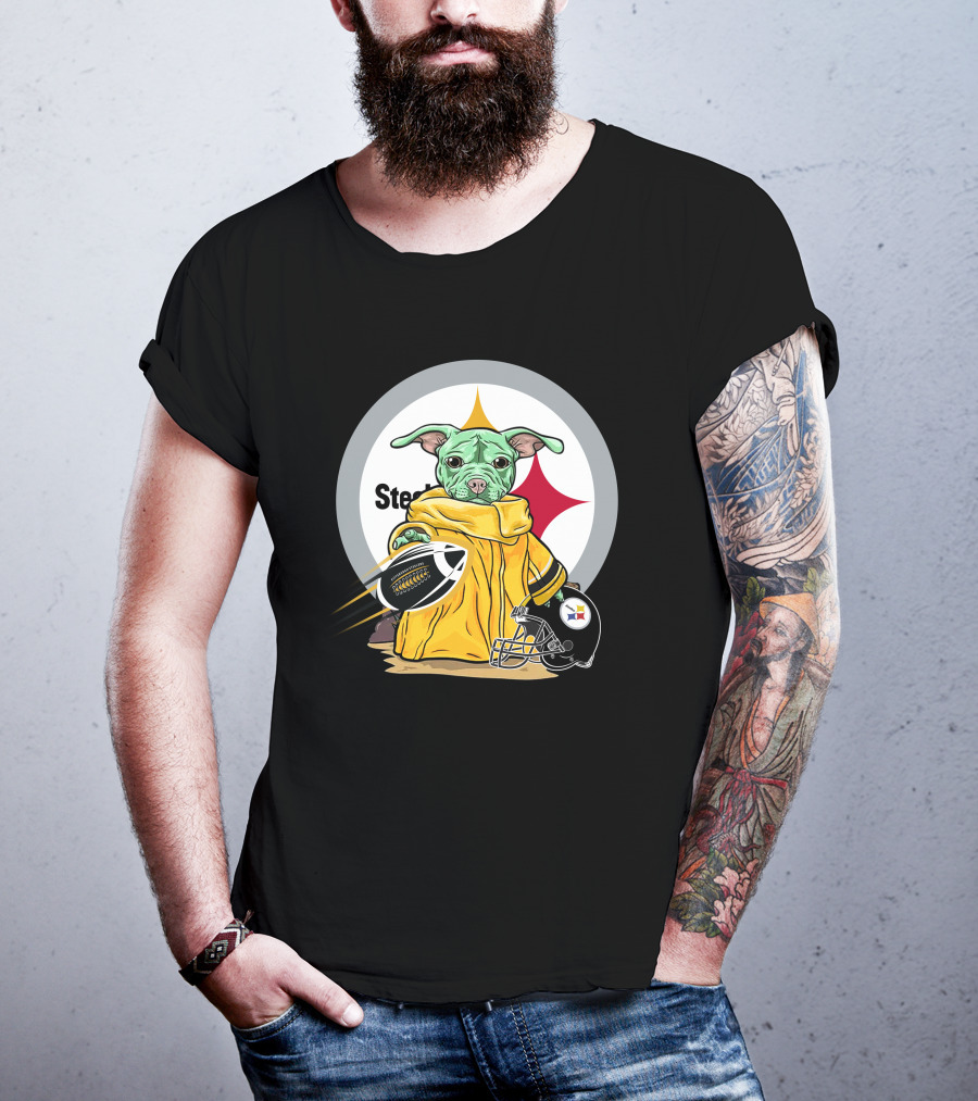 Pitbull Steelers Baby Holding Football With Steelers Logo And Helmet T-Shirt