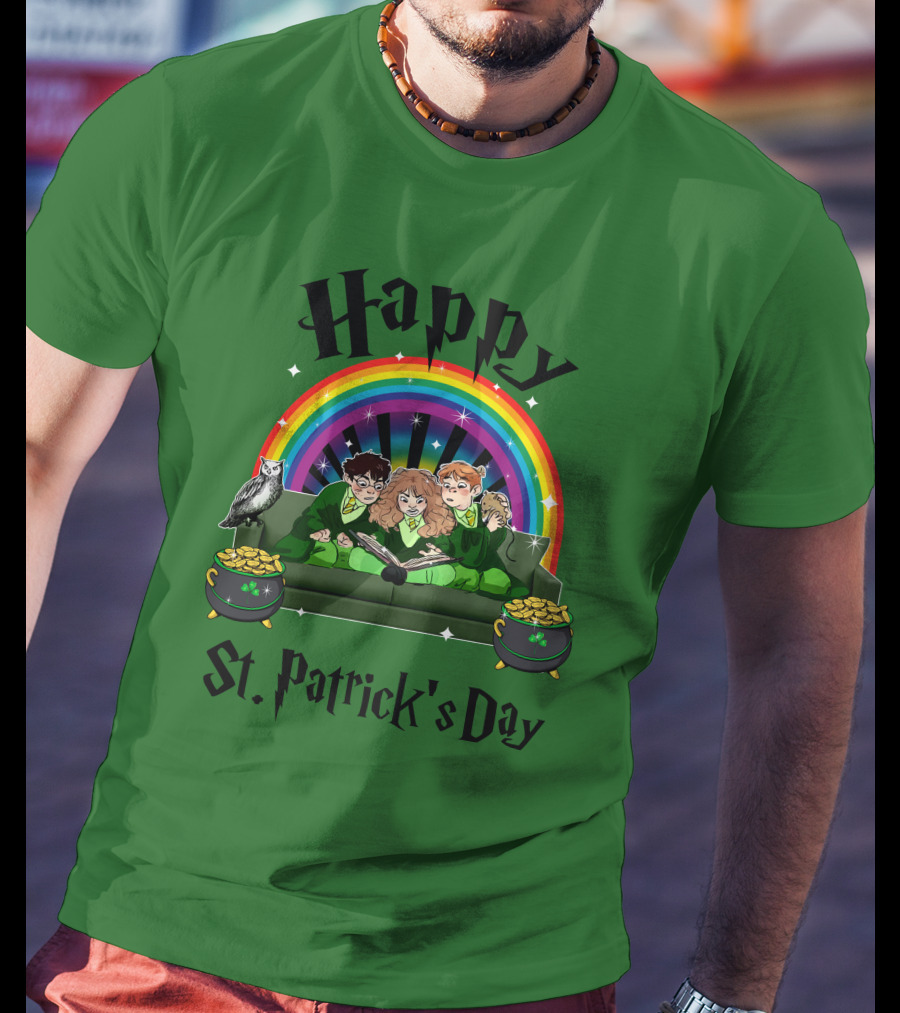 Happy St. Patrick's Day With Rainbow And Green Characters On Couch T-Shirt