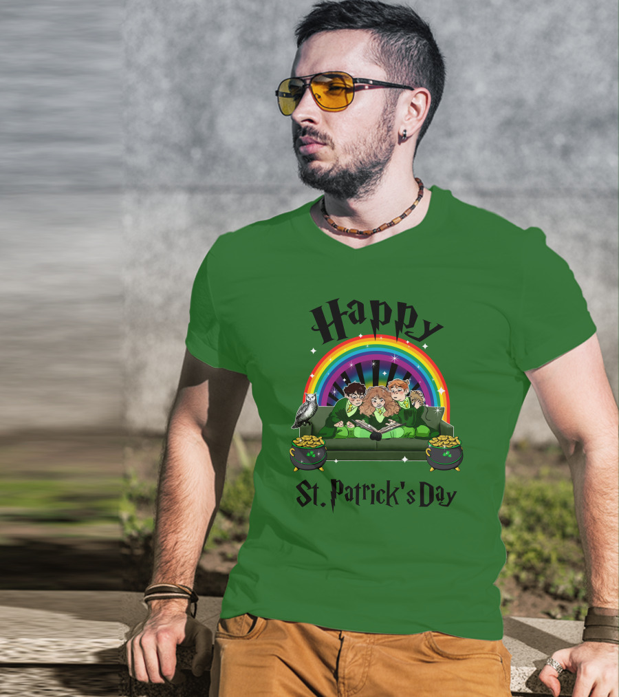 Happy St. Patrick's Day With Rainbow And Green Characters On Couch T-Shirt