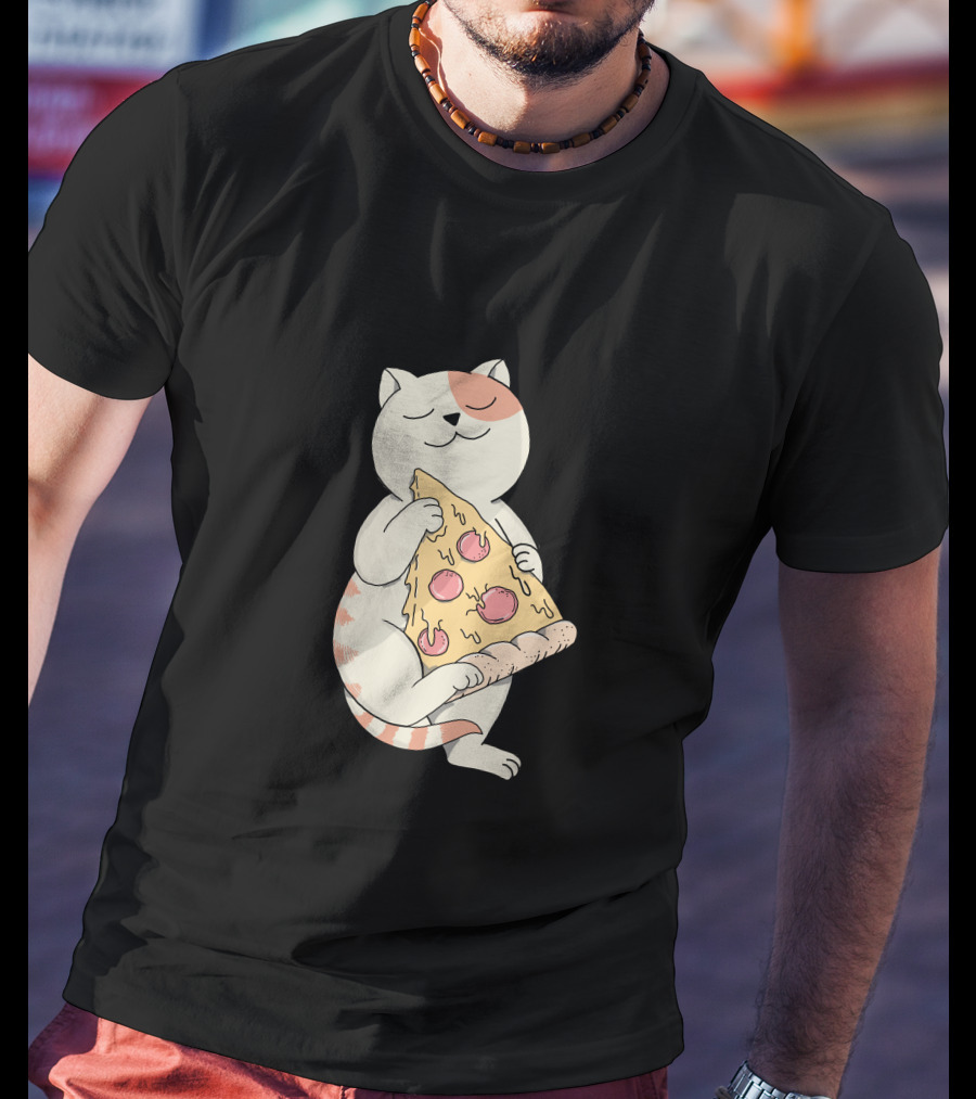 Cat Hugging Pepperoni Pizza Slice T-Shirt