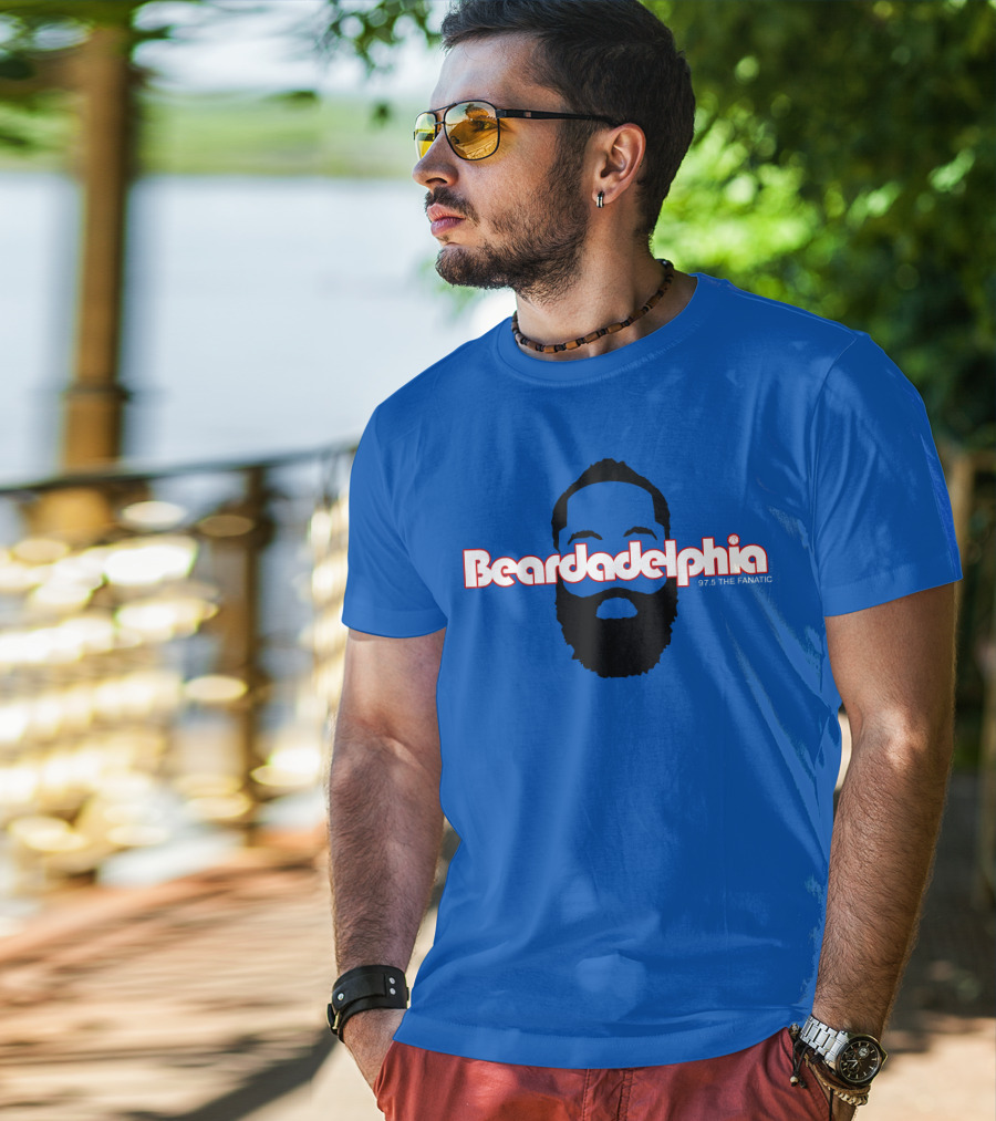 Beardadelphia 97.5 The Fanatic Silhouette Bold Text Blue Background T-Shirt