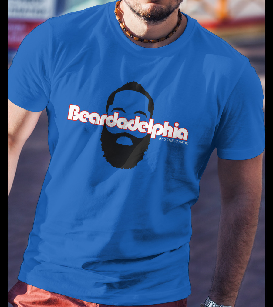 Beardadelphia 97.5 The Fanatic Silhouette Bold Text Blue Background T-Shirt