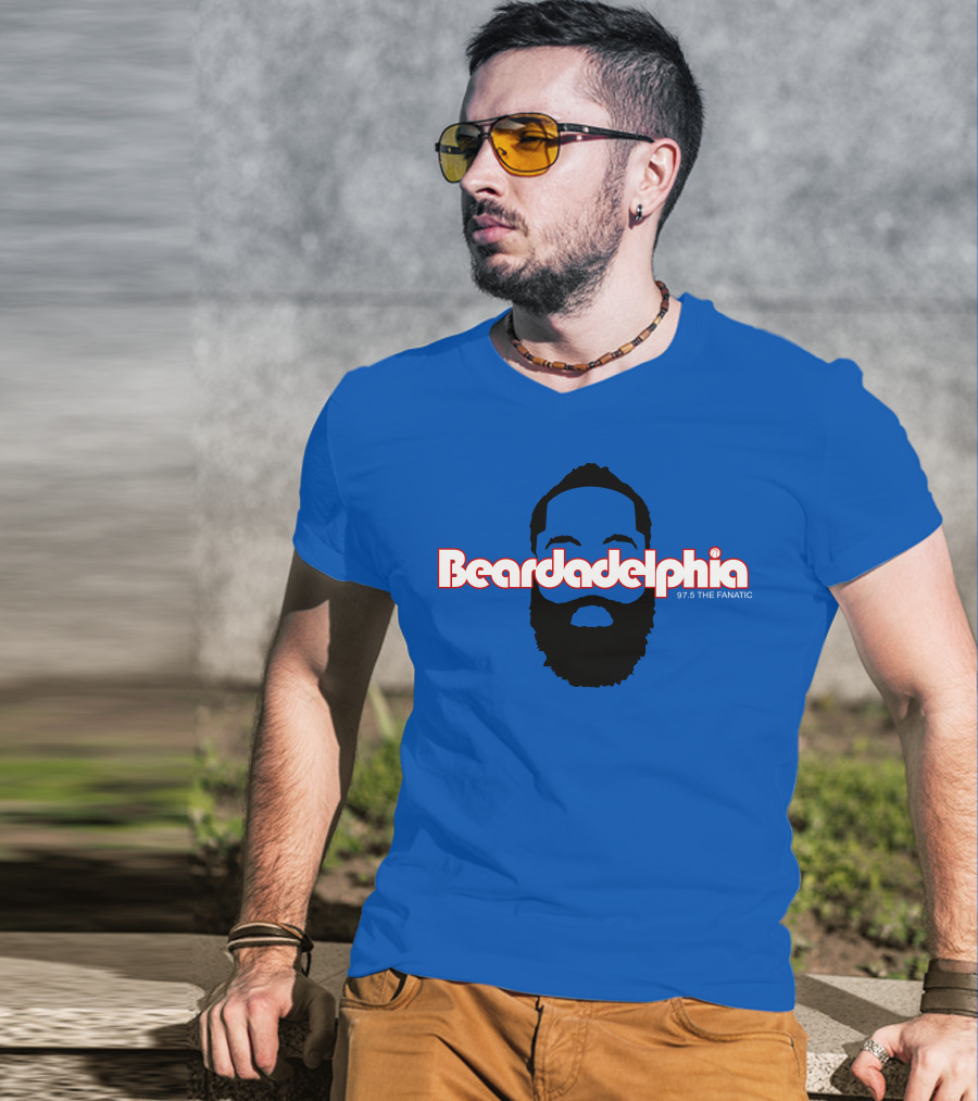 Beardadelphia 97.5 The Fanatic Silhouette Bold Text Blue Background T-Shirt