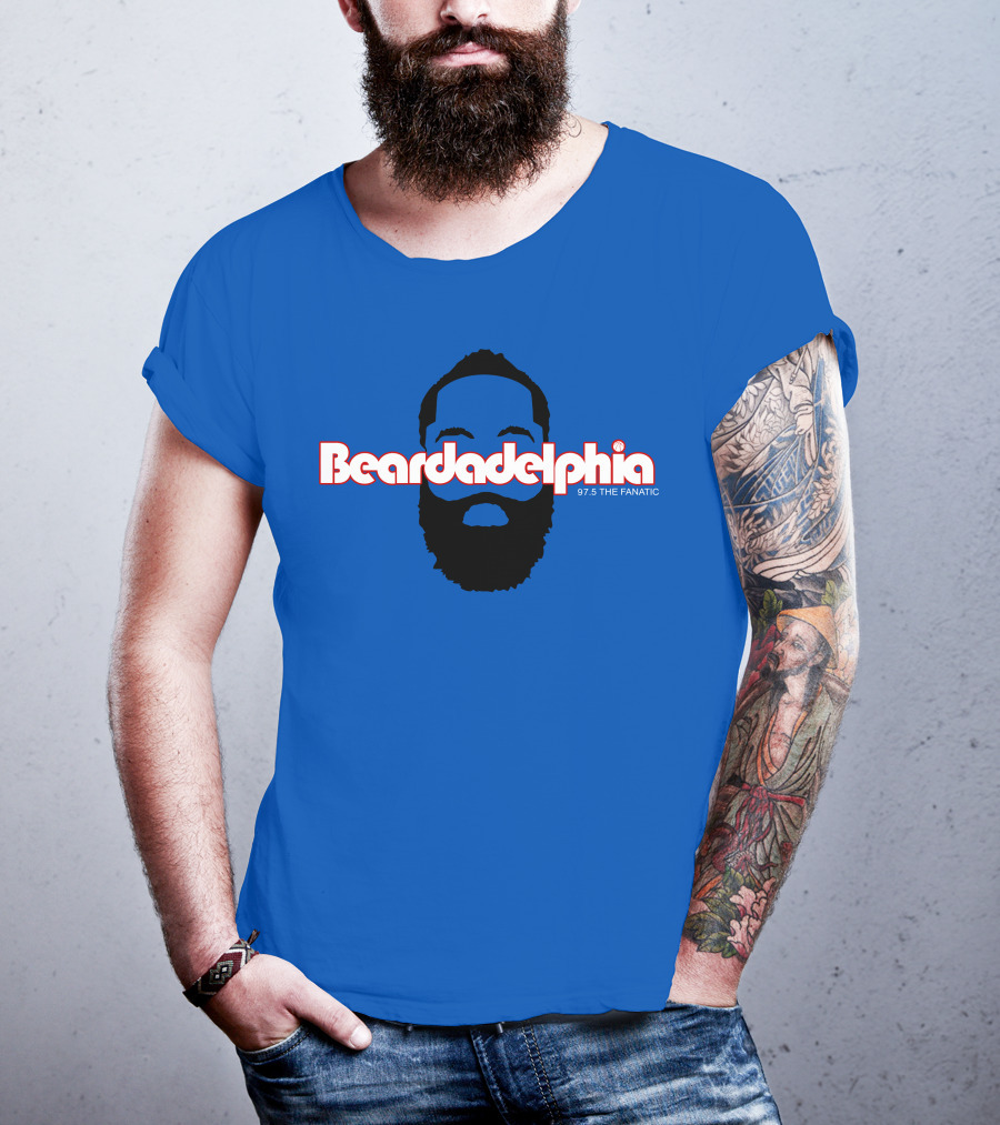 Beardadelphia 97.5 The Fanatic Silhouette Bold Text Blue Background T-Shirt