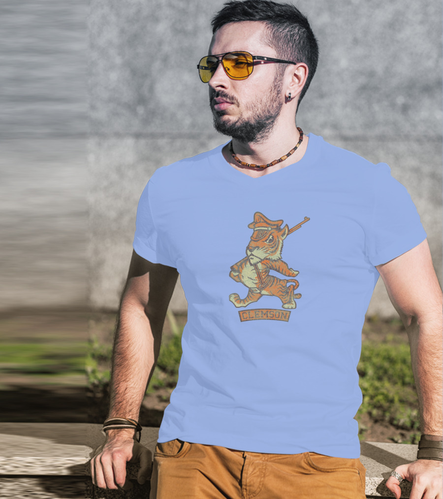 Clemson Tiger Mascot With Military Officer Hat And Rifle T-Shirt