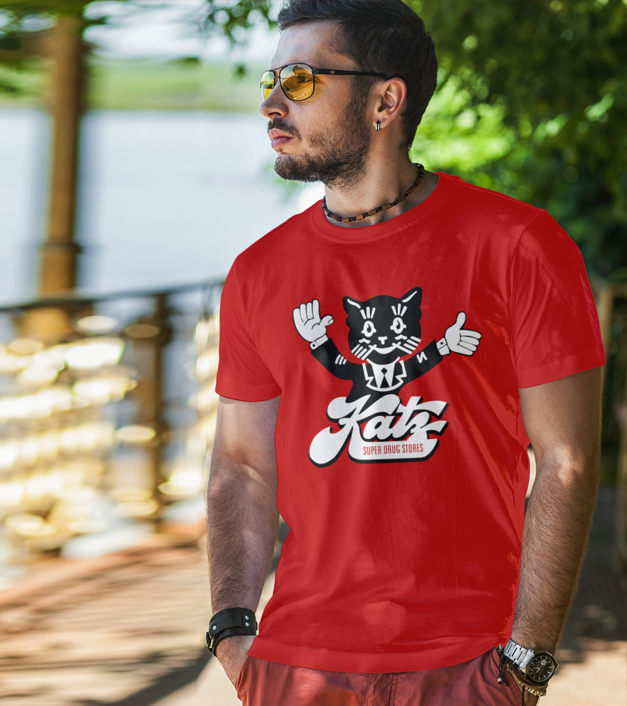 Katz Super Drug Stores Cat Mascot Smiling And Waving In Suit And Tie T-Shirt