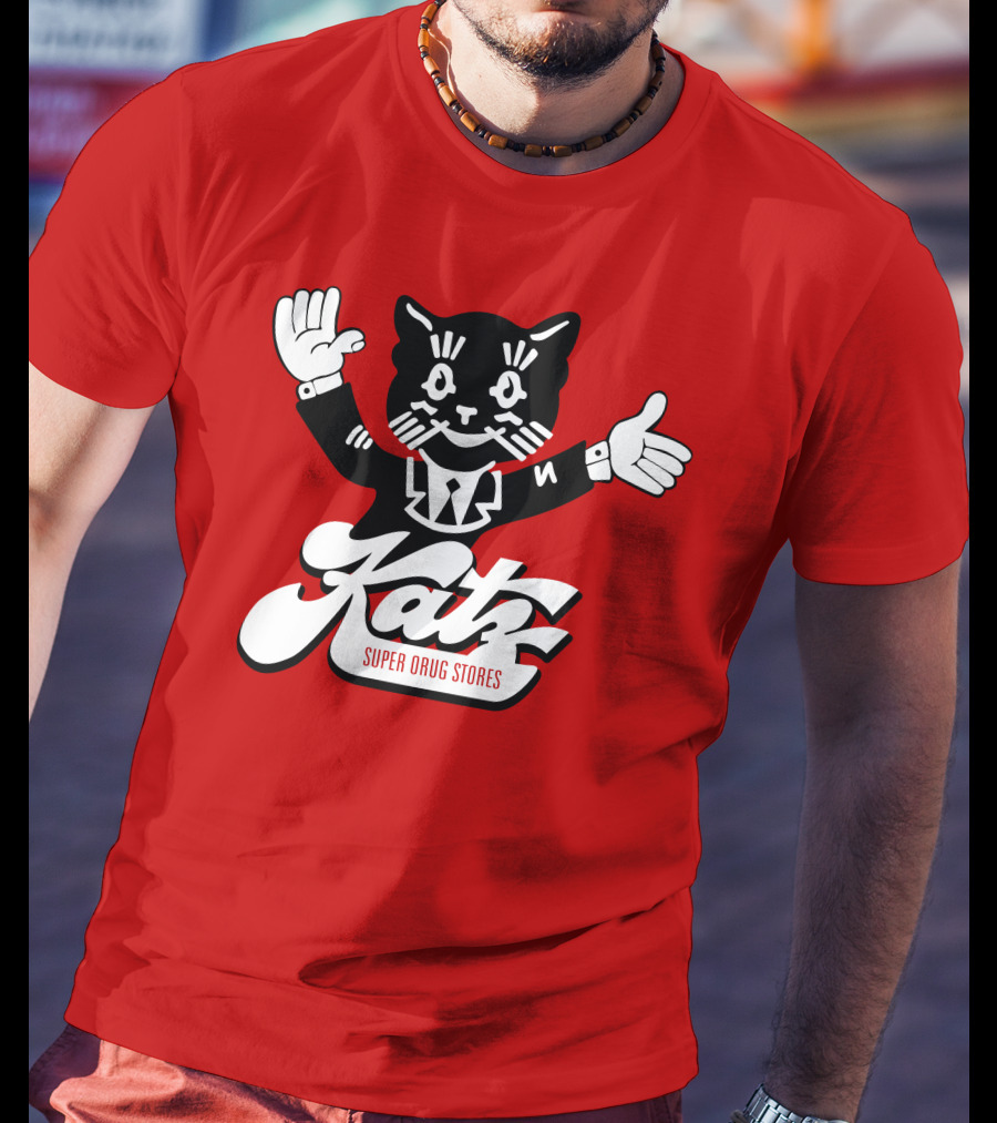 Katz Super Drug Stores Cat Mascot Smiling And Waving In Suit And Tie T-Shirt