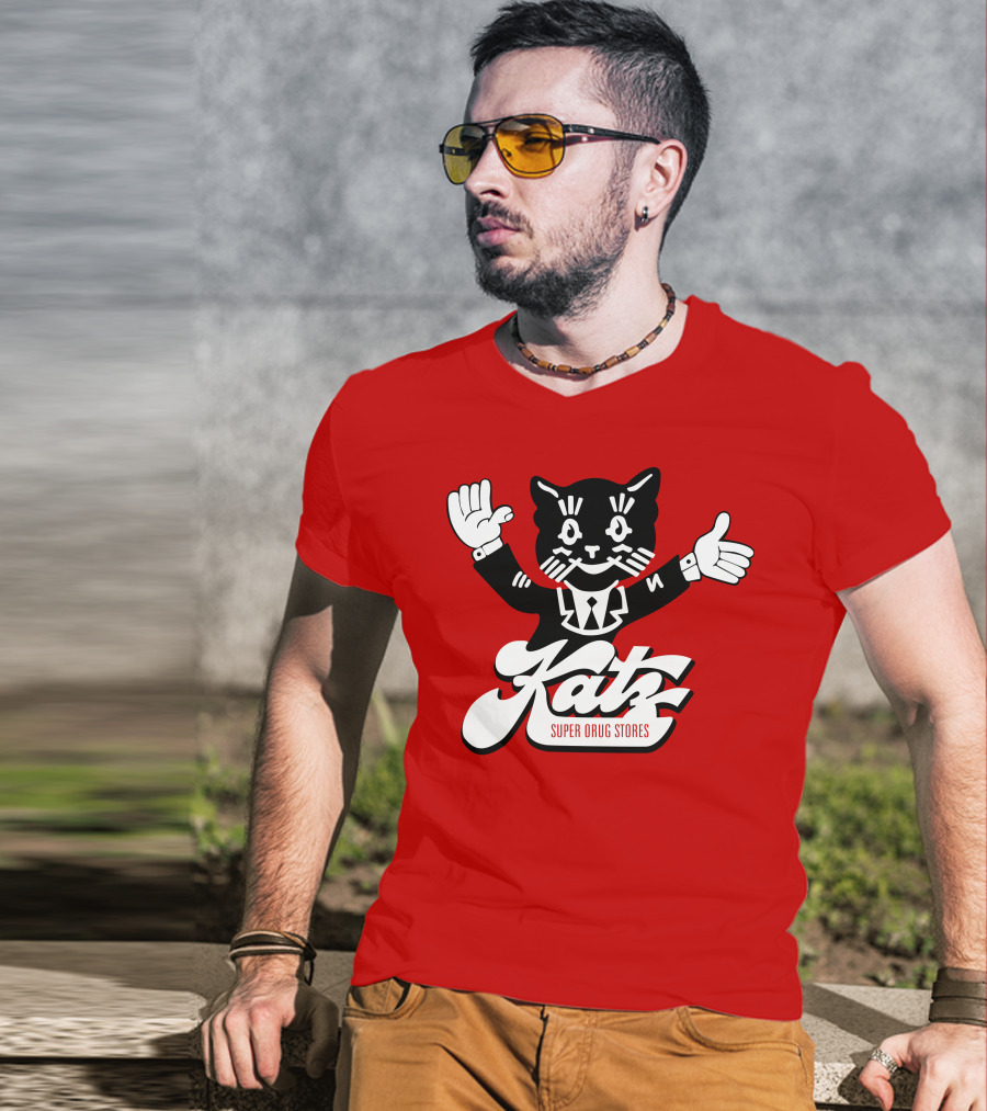 Katz Super Drug Stores Cat Mascot Smiling And Waving In Suit And Tie T-Shirt