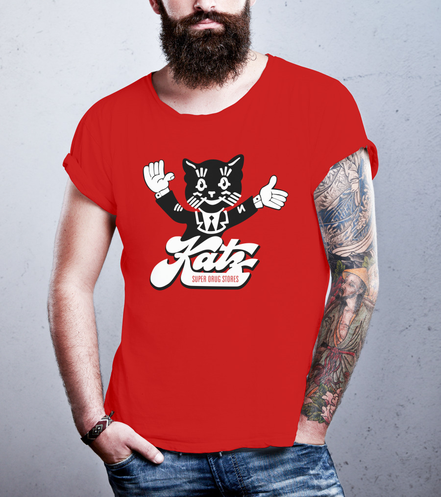 Katz Super Drug Stores Cat Mascot Smiling And Waving In Suit And Tie T-Shirt