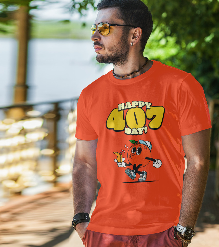 Happy 407 Day Orlando Orange Character With Drink And Sneakers T-Shirt