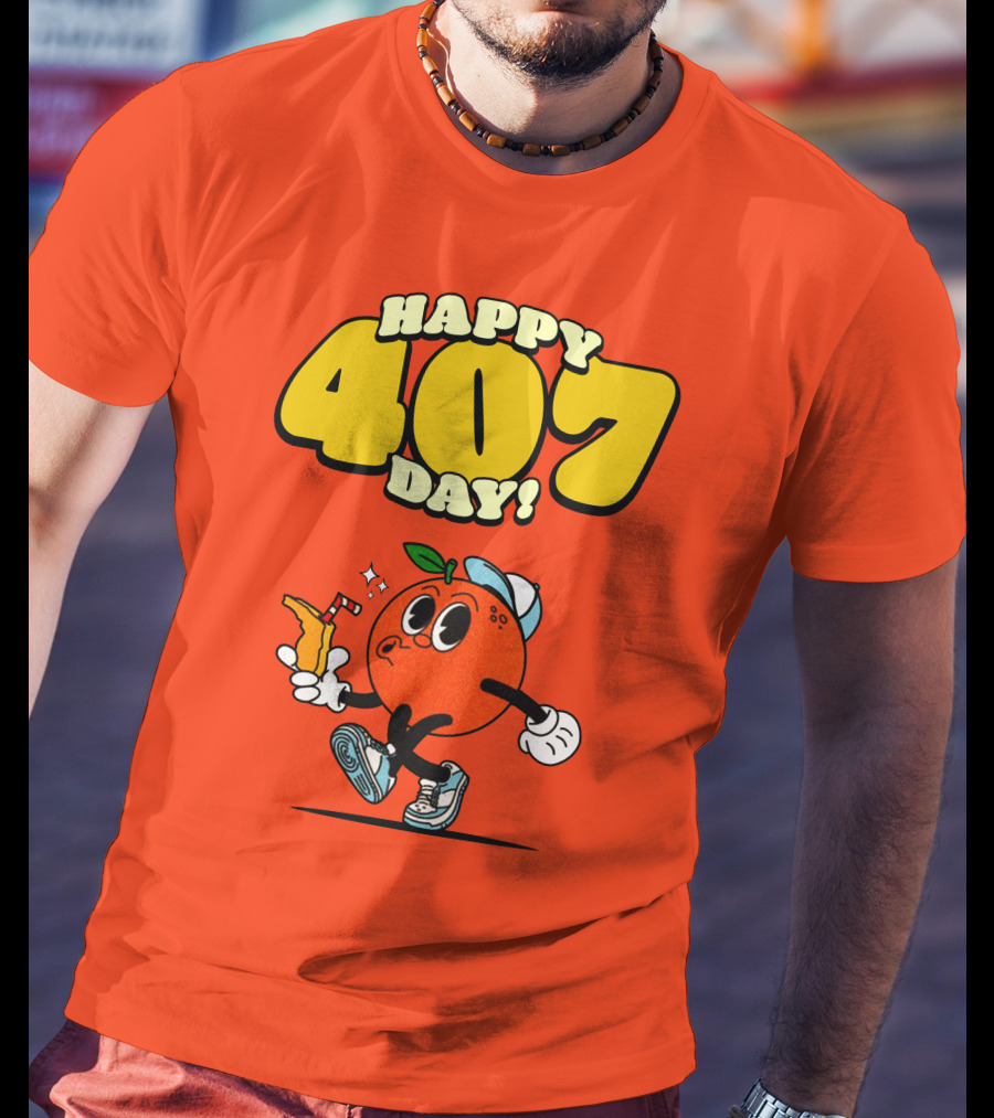 Happy 407 Day Orlando Orange Character With Drink And Sneakers T-Shirt