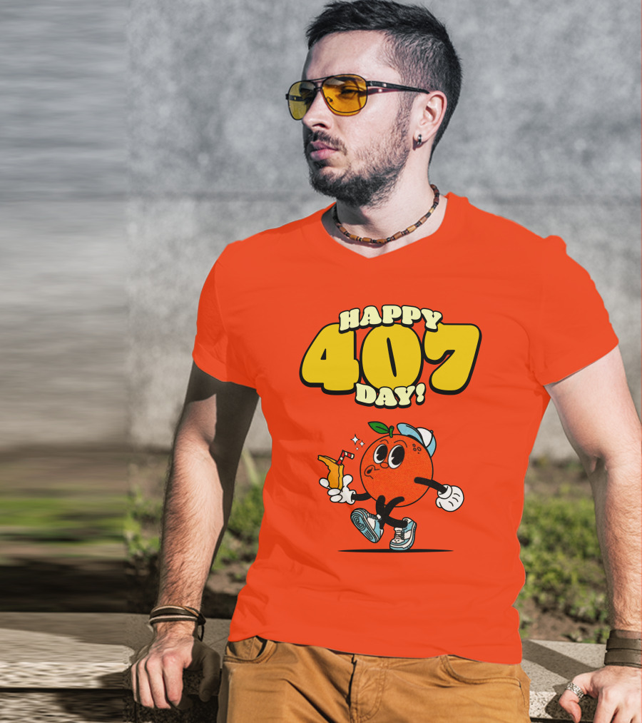 Happy 407 Day Orlando Orange Character With Drink And Sneakers T-Shirt