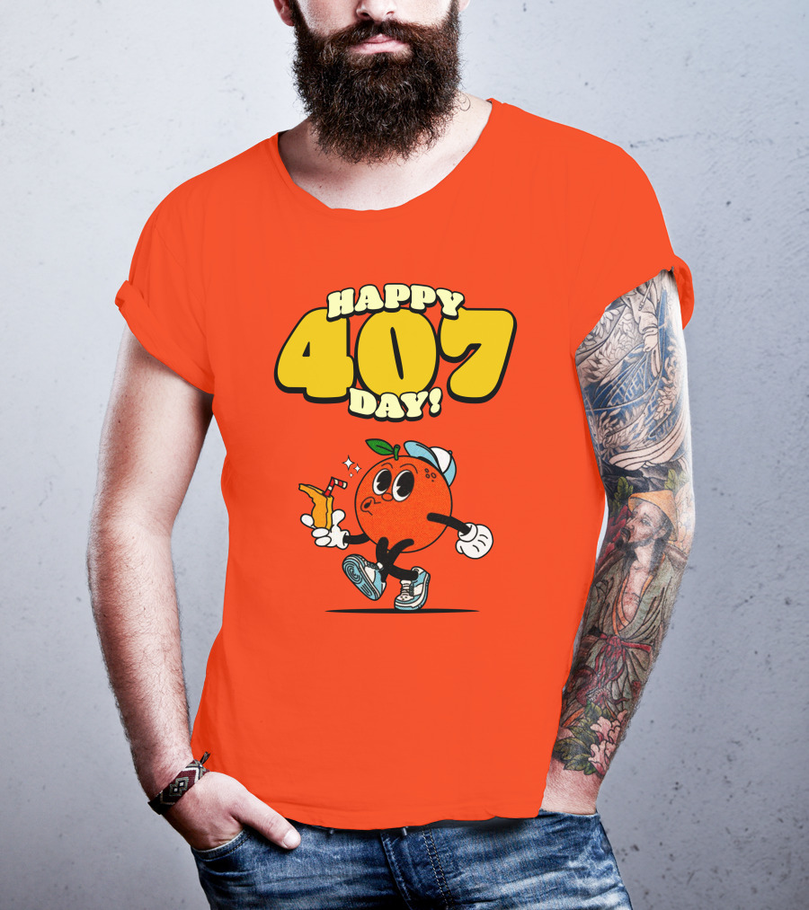 Happy 407 Day Orlando Orange Character With Drink And Sneakers T-Shirt