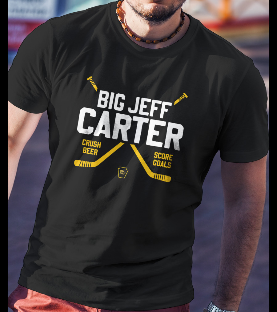 Big Jeff Carter Crush Beer Score Goals Hockey Crossed Sticks Steel City T-Shirt
