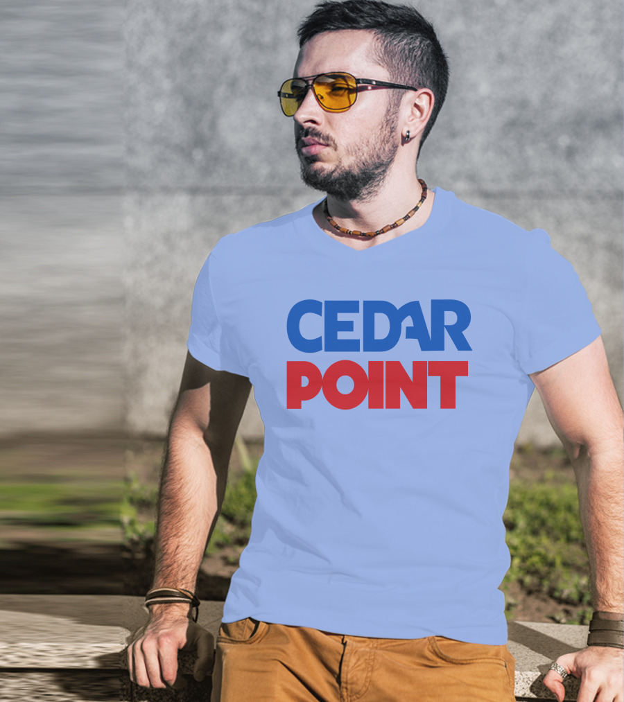 Cedar Point Bold Typography Theme In Blue And Red T-Shirt