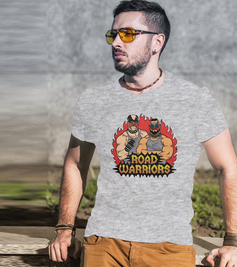 Road Warriors Homage Merch Wrestlers In Flame Background T-Shirt