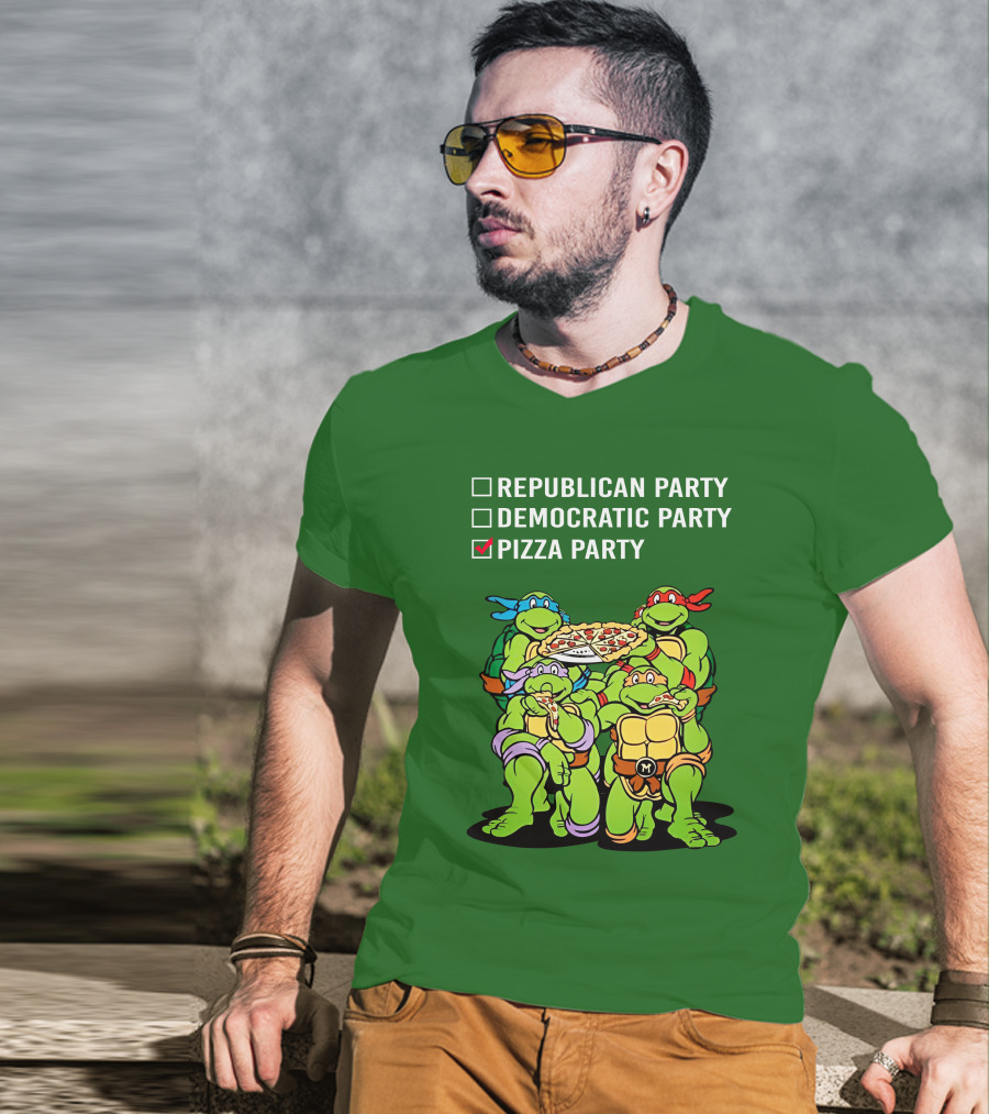 Pizza Party Checkmark With Four Ninja Turtles Carrying Pizza Under Republican Party Democratic Party Options T-Shirt