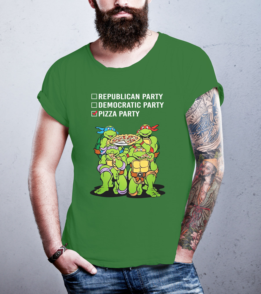 Pizza Party Checkmark With Four Ninja Turtles Carrying Pizza Under Republican Party Democratic Party Options T-Shirt