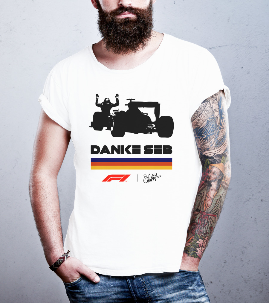 Formula 1 Danke Seb Vettel Silhouette With F1 Logo And Signature T-Shirt