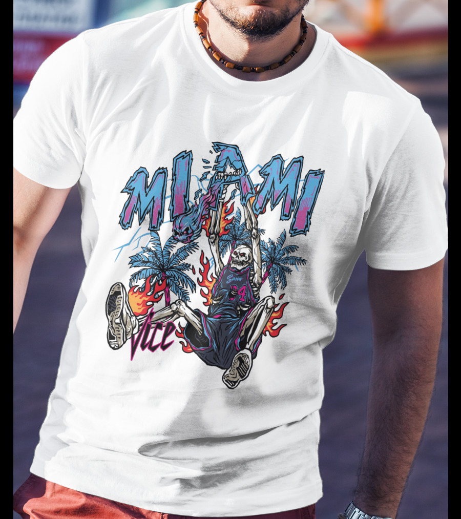 Sana Detroit Vice Miami Basketball Skeleton Dunking With Palm Trees And Flames T-Shirt