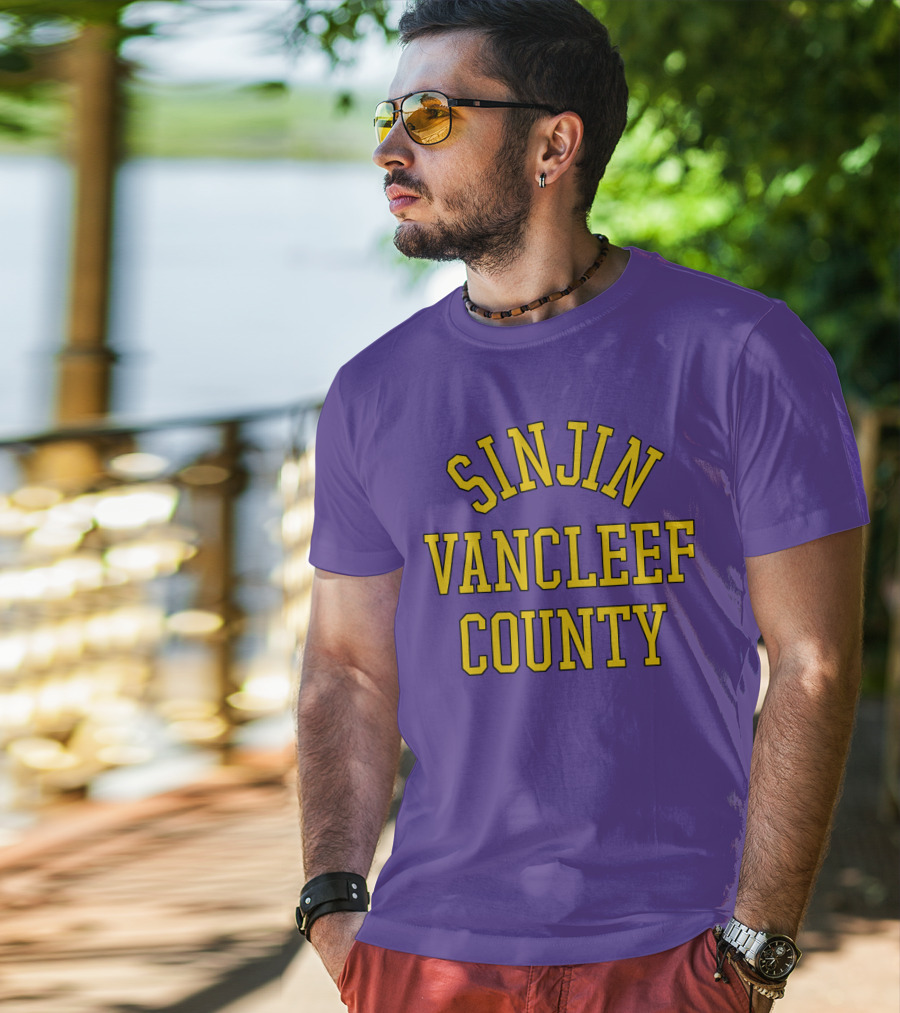 Sinjin Drowning Merch Sinjin Vancleef County Arch Style Purple Gold Lettering T-Shirt