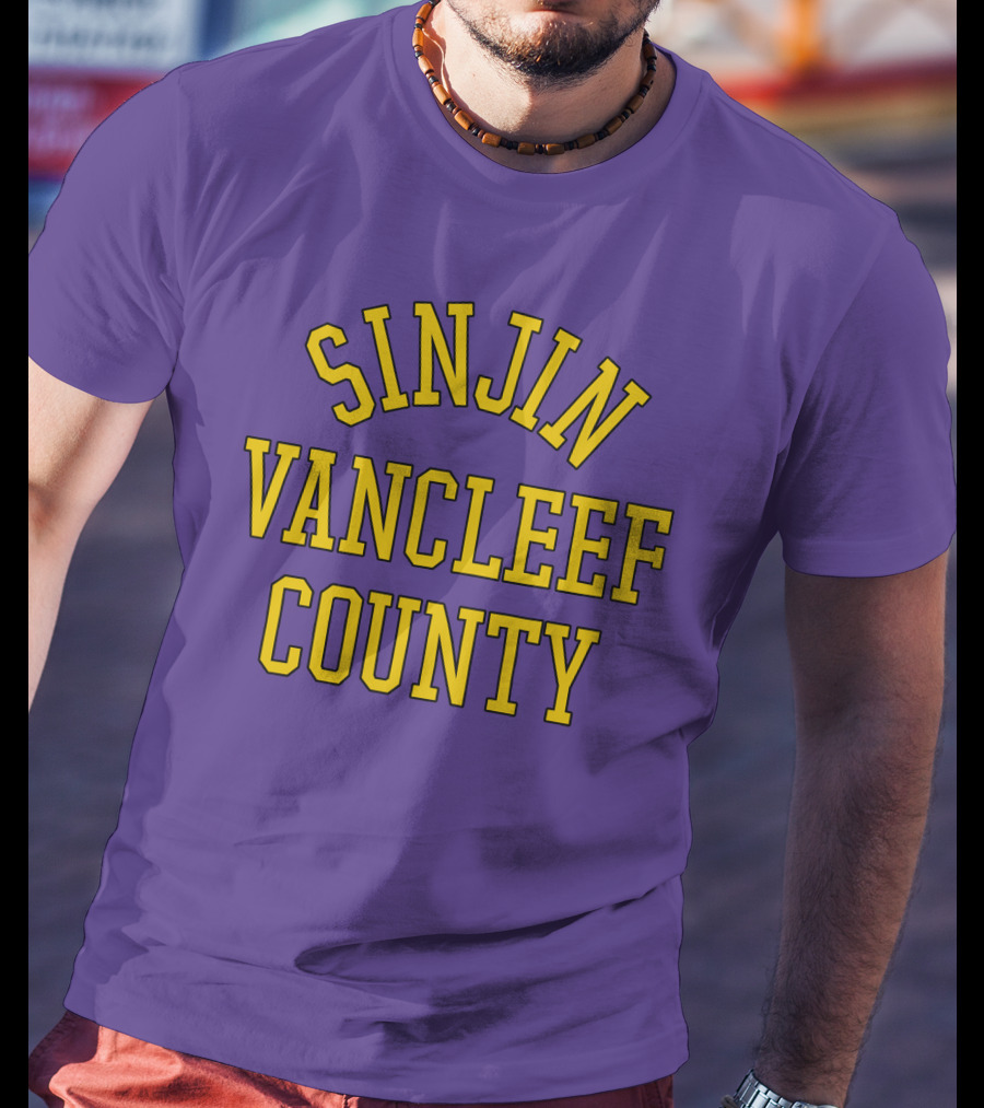 Sinjin Drowning Merch Sinjin Vancleef County Arch Style Purple Gold Lettering T-Shirt