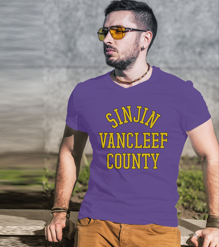 Sinjin Drowning Merch Sinjin Vancleef County Arch Style Purple Gold Lettering T-Shirt