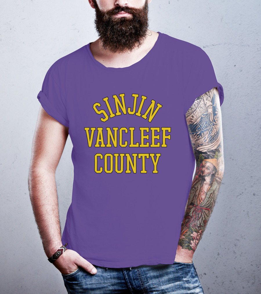 Sinjin Drowning Merch Sinjin Vancleef County Arch Style Purple Gold Lettering T-Shirt