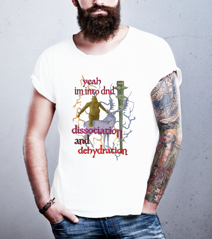 Yeah Im Into Dnd Dissociation And Dehydration Statue Riding Reindeer With Caduceus Staff And Lightning Background T-Shirt