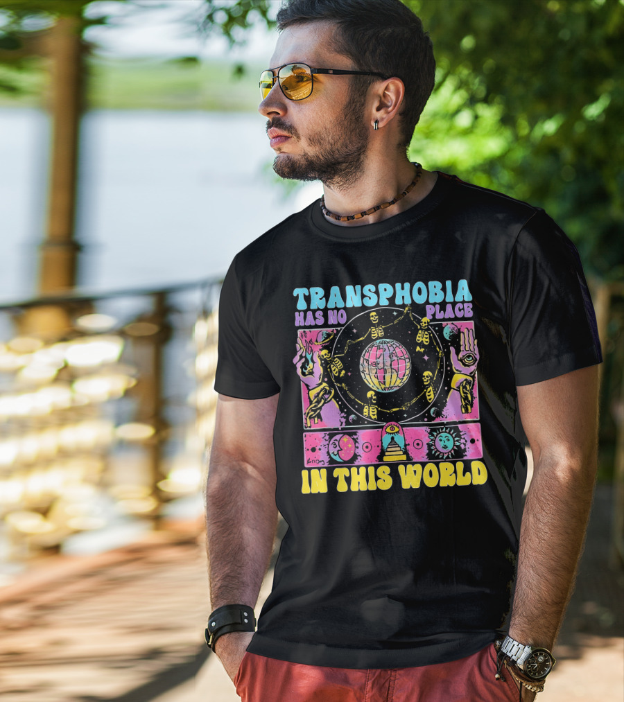 Transphobia Has No Place In This World Skeletons Cosmic Symbols Eye Sun Moon Hands T-Shirt
