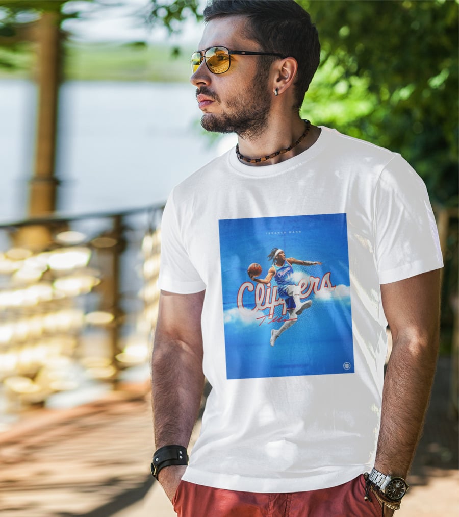 Terance Mann Clippers Basketball Motion Dribble Blue Clouds T-Shirt