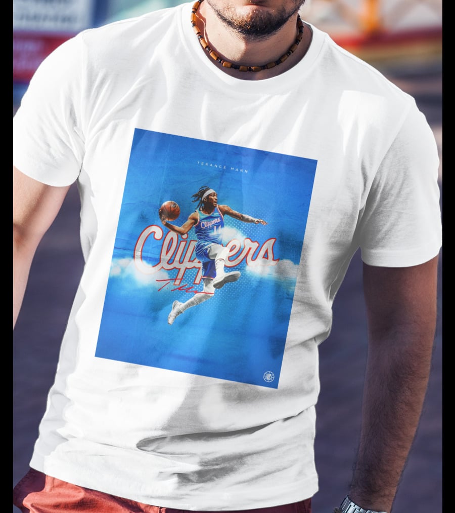Terance Mann Clippers Basketball Motion Dribble Blue Clouds T-Shirt