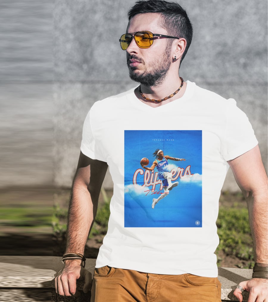 Terance Mann Clippers Basketball Motion Dribble Blue Clouds T-Shirt