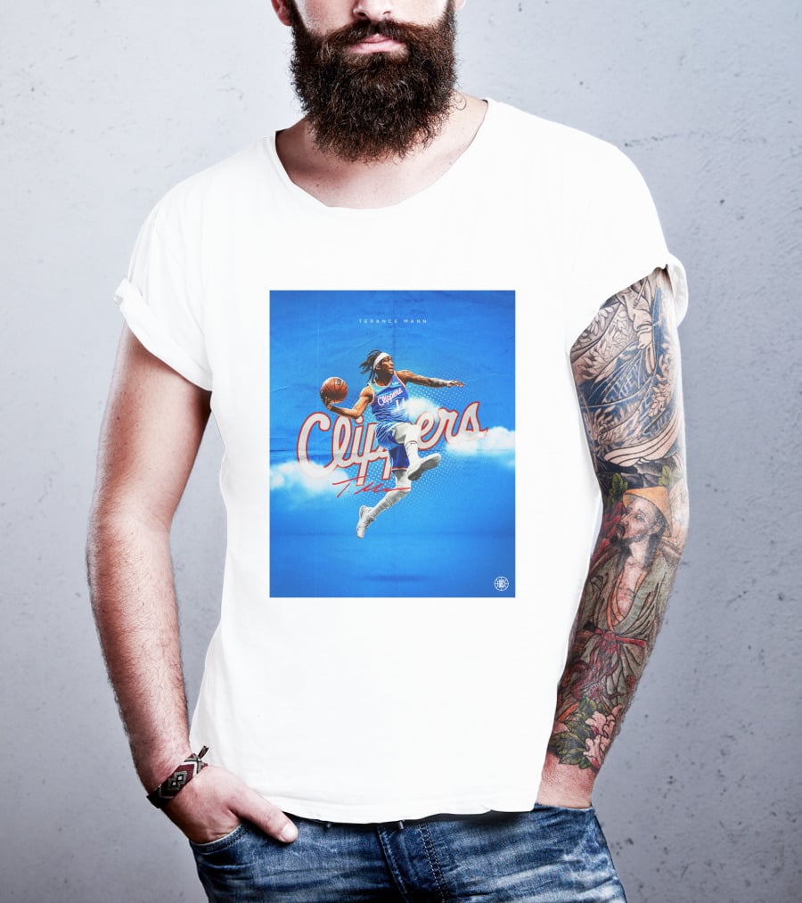 Terance Mann Clippers Basketball Motion Dribble Blue Clouds T-Shirt
