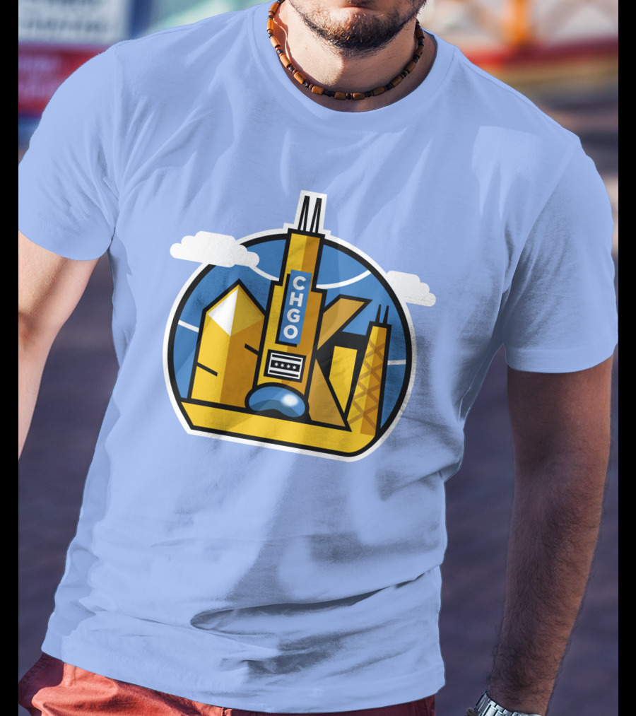 CHGO Skyline Blue Skies Sports Icon With Landmarks T-Shirt