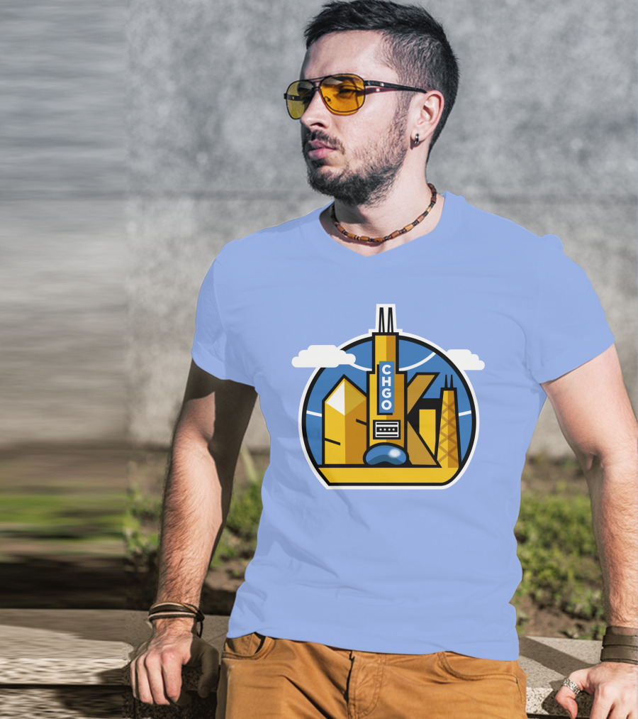 CHGO Skyline Blue Skies Sports Icon With Landmarks T-Shirt