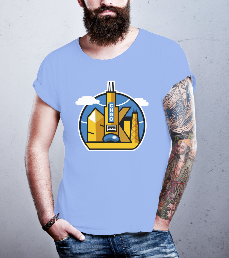 CHGO Skyline Blue Skies Sports Icon With Landmarks T-Shirt
