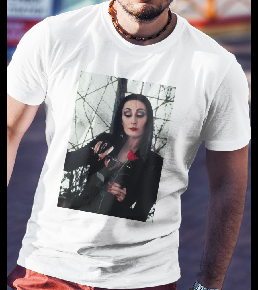Morticia Addams Anjelica Huston Cutting Rose Scene T-Shirt