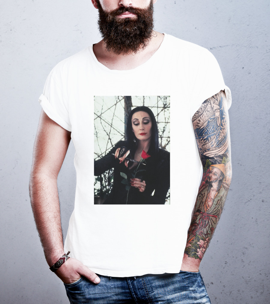 Morticia Addams Anjelica Huston Cutting Rose Scene T-Shirt