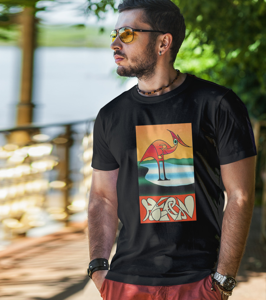 Heron Preston Abstract Bold Graphic Stork Art Orange Teal Lake T-Shirt