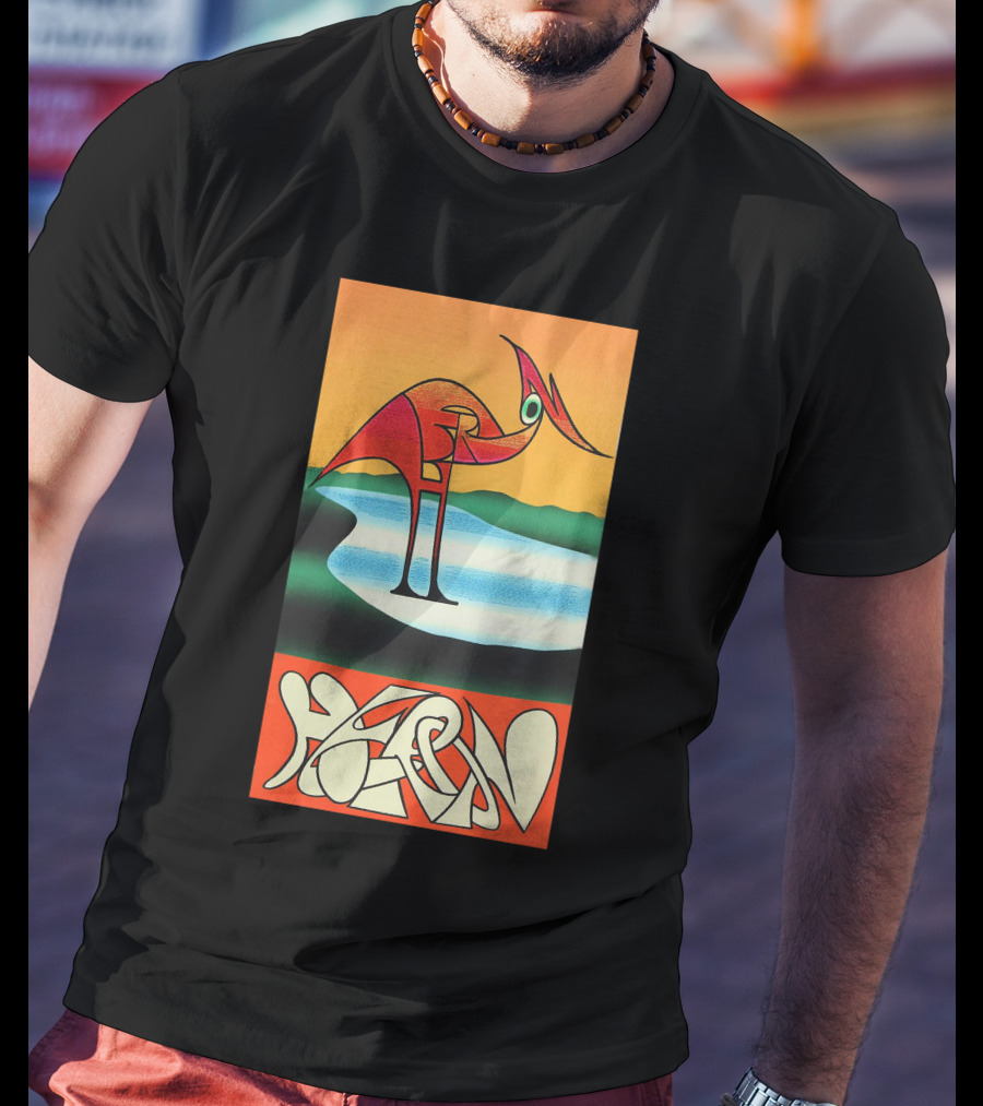 Heron Preston Abstract Bold Graphic Stork Art Orange Teal Lake T-Shirt