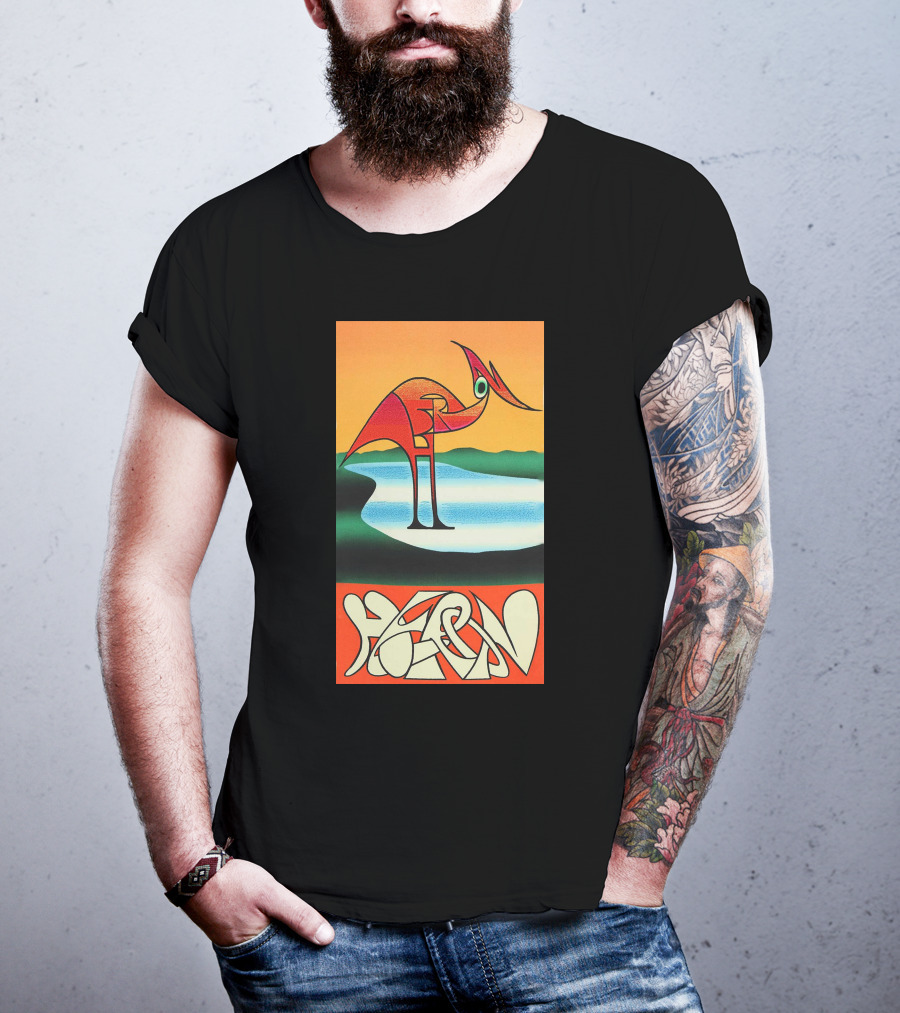 Heron Preston Abstract Bold Graphic Stork Art Orange Teal Lake T-Shirt