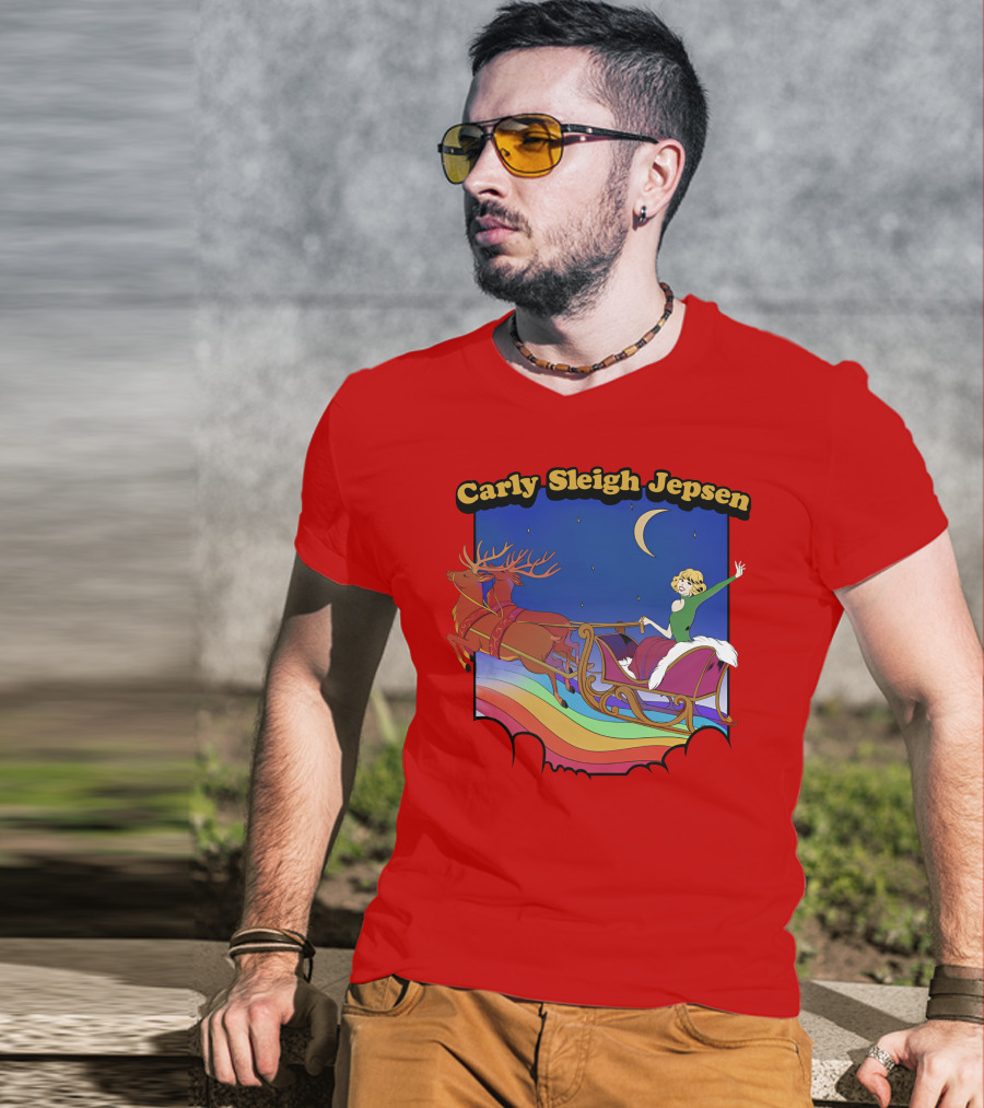 Carly Sleigh Jepsen Christmas Reindeer Sleigh Adventure Under Moonlit Sky T-Shirt
